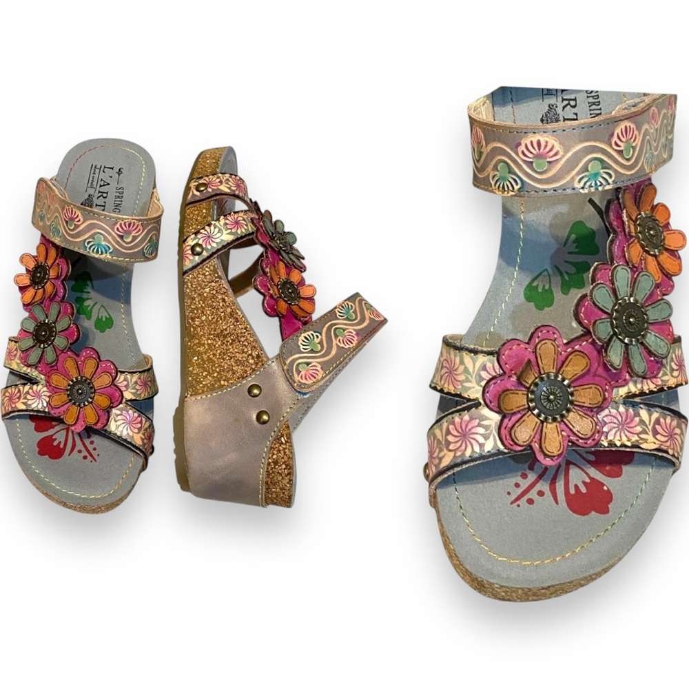 L'Artiste Spring Step Delight Grey Multi Appliqué Flowers Leather Sandals 36